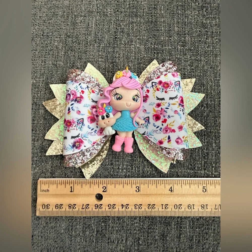 Floral Glitter Hair Bow with Doll Accent